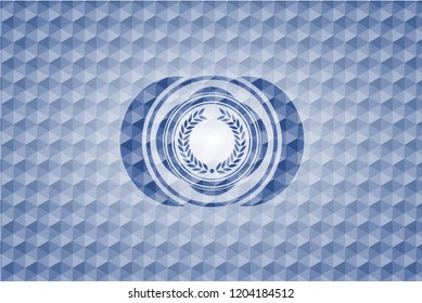 laurel wreath icon inside blue emblem or badge with abstract geometric pattern background.