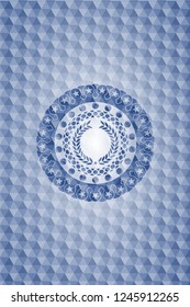 laurel wreath icon inside blue polygonal emblem.