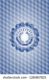 laurel wreath icon inside blue emblem with geometric pattern background.