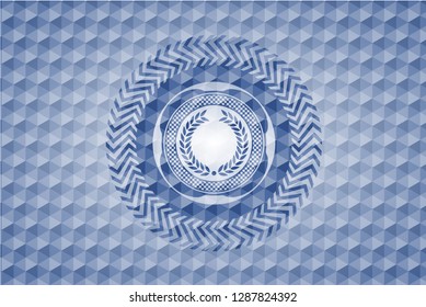 laurel wreath icon inside blue polygonal emblem.