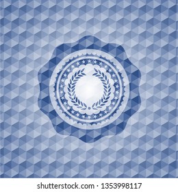 laurel wreath icon inside blue badge with geometric pattern.