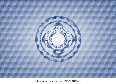 laurel wreath icon inside blue emblem with geometric pattern.
