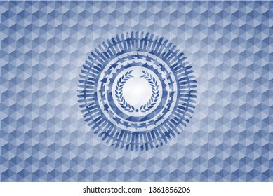 laurel wreath icon inside blue emblem or badge with abstract geometric polygonal pattern background.