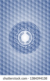laurel wreath icon inside blue emblem with geometric pattern background.