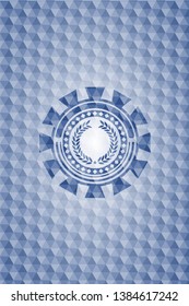 laurel wreath icon inside blue emblem or badge with abstract geometric polygonal pattern background.