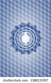laurel wreath icon inside blue emblem with geometric pattern.