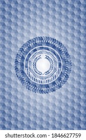 laurel wreath icon inside blue emblem or badge with geometric pattern background. 