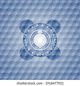 Lorbeerkranz-Symbol in blauem Emblem oder Abzeichen mit abstraktem geometrischem Musterhintergrund. 