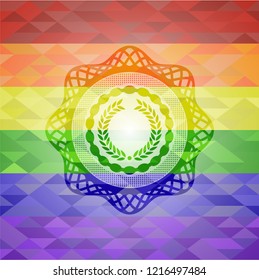 laurel wreath icon inside emblem on mosaic background with the colors of the LGBT flag