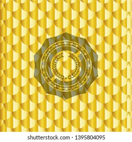 laurel wreath icon inside gold emblem. Scales pattern. Vector Illustration. Detailed.
