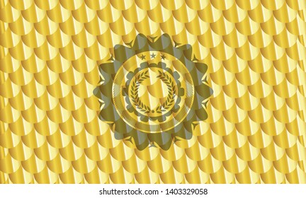 laurel wreath icon inside gold emblem or badge. Scales pattern. Vector Illustration. Detailed.