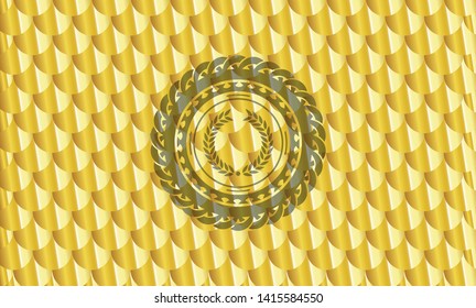 laurel wreath icon inside gold emblem or badge. Scales pattern. Vector Illustration. Detailed.