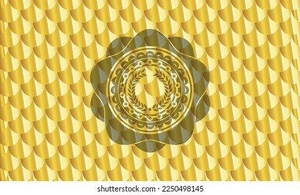 laurel wreath icon inside gold shiny emblem. Scales pattern. Vector Illustration. Detailed. 