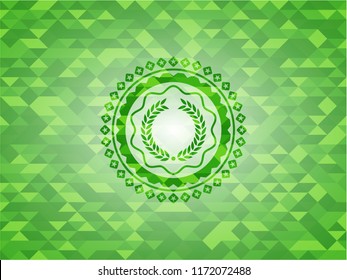 laurel wreath icon inside green emblem with mosaic ecological style background