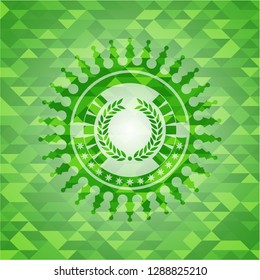 laurel wreath icon inside green emblem. Mosaic background