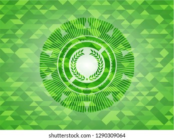laurel wreath icon inside green emblem with mosaic ecological style background