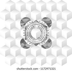 laurel wreath icon inside grey badge with geometric cube white background