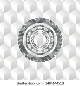 laurel wreath icon inside grey badge with geometric cube white background