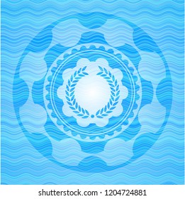 laurel wreath icon inside light blue water wave badge.