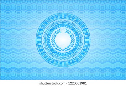 laurel wreath icon inside light blue water style badge.
