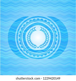 laurel wreath icon inside light blue water style emblem.