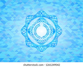 laurel wreath icon inside light blue emblem with mosaic background