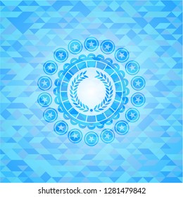 laurel wreath icon inside light blue emblem with triangle mosaic background