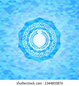 laurel wreath icon inside light blue emblem with triangle mosaic background
