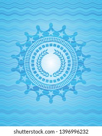 laurel wreath icon inside light blue water wave emblem.