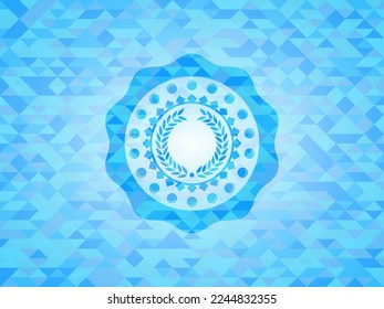 laurel wreath icon inside light blue mosaic emblem. 