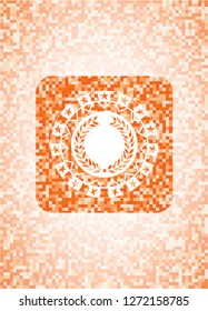 laurel wreath icon inside orange tile background illustration. Square geometric mosaic seamless pattern with emblem inside.
