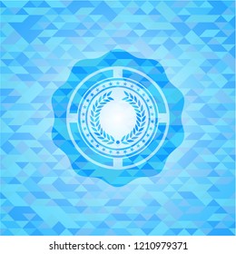 laurel wreath icon inside realistic sky blue emblem. Mosaic background