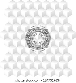 laurel wreath icon inside realistic grey emblem with geometric cube white background