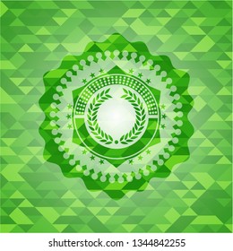 laurel wreath icon inside realistic green emblem. Mosaic background