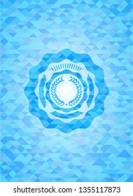 laurel wreath icon inside realistic sky blue emblem. Mosaic background