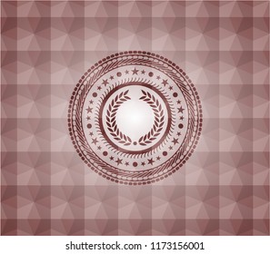 laurel wreath icon inside red emblem with geometric pattern background. Seamless.