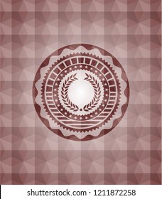 laurel wreath icon inside red emblem or badge with abstract geometric polygonal pattern background. Seamless.