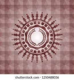 laurel wreath icon inside red seamless emblem with geometric pattern background.