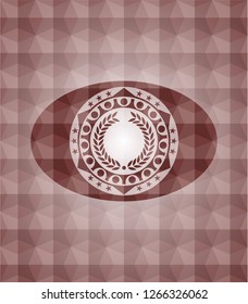 laurel wreath icon inside red emblem with geometric pattern background. Seamless.