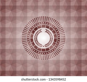 laurel wreath icon inside red seamless emblem with geometric pattern.