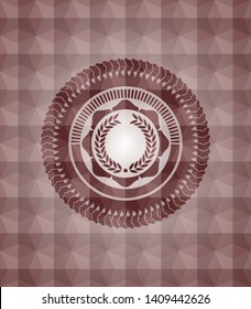 laurel wreath icon inside red seamless emblem with geometric background.