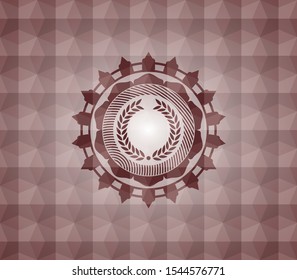laurel wreath icon inside red seamless emblem with geometric background.