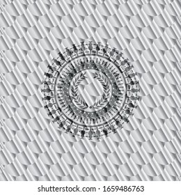 icono de laurel en el interior del emblema plateado. Patrón de escalas. Ilustración vectorial. Detallado.