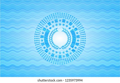 laurel wreath icon inside sky blue water emblem.