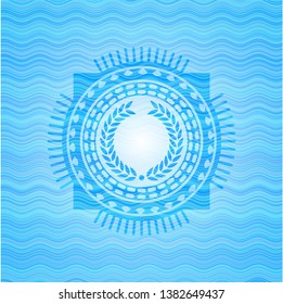 laurel wreath icon inside sky blue water badge background.