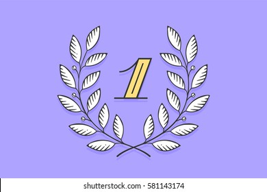 Laurel wreath icon with number One isolated on a violet background. Hand drawn design and element for for tournament, competition, winner, prize and awarding. Vector Illustration