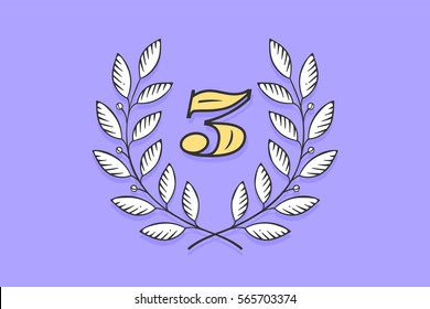 Laurel wreath icon with number Three isolated on a violet background. Hand drawn design and element for tournament, competition, winner, prize and awarding. Vector Illustration