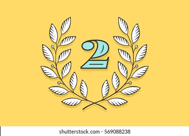 Laurel wreath icon with number Two isolated on a yellow background. Hand drawn design and element for tournament, competition, winner, prize and awarding. Vector Illustration