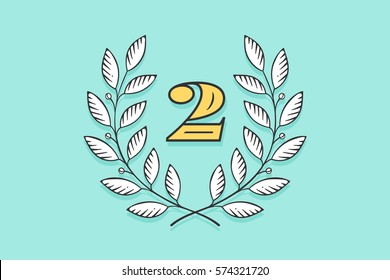 Laurel wreath icon with number Two isolated on a turquoise background. Hand drawn design and element for tournament, competition, winner, prize and awarding. Vector Illustration