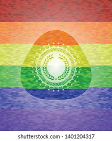 laurel wreath icon on mosaic background with the colors of the LGBT flag